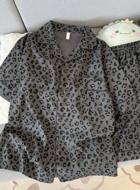 男青年睡衣夏季薄款云朵棉短袖开衫男士老钱风豹纹深色家居服套装