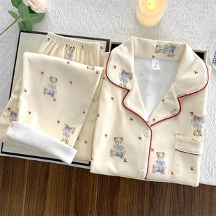 卡通小熊睡衣女士秋天德绒保暖长袖长裤可爱开衫翻领两件套家居服