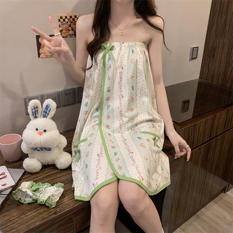 夏季一片式浴巾女士甜美印花小个子可穿魔术贴齐胸款浴裙家居服薄