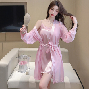 带胸垫冰丝睡裙女夏季性感仿真丝绸吊带裙长袖网纱外袍两件套装粉