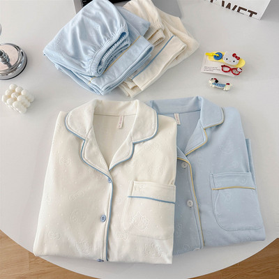 带一体胸垫睡衣女秋冬德绒保暖家居服开衫翻领杏色简约高级感套装