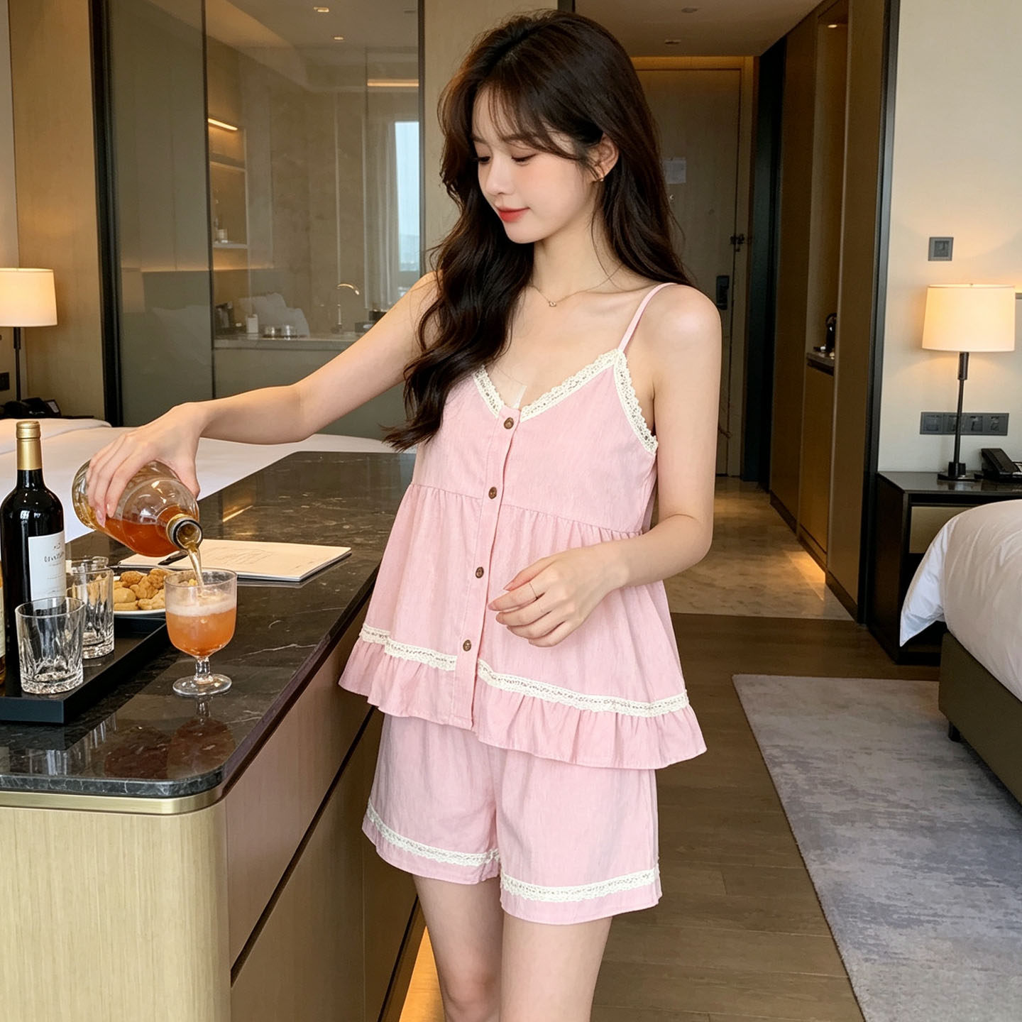 甜美粉色睡衣女夏季小吊带背心短裤套装夏季梭织彩棉带胸垫家居服