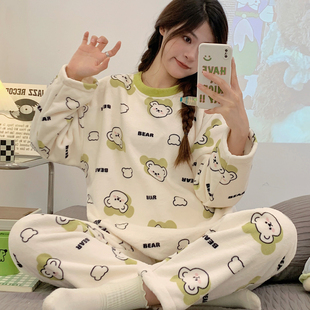 薄绒睡衣女秋冬款长袖圆领法兰绒可爱绿熊头保暖学生家居服套装冬