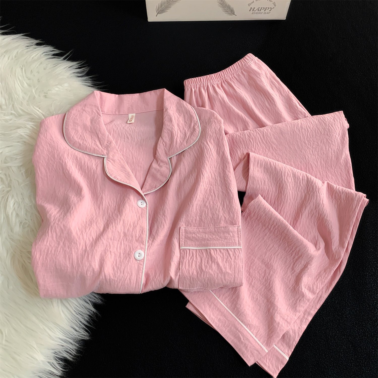 睡衣女秋季梭织棉纱长袖开衫翻领粉色甜美春秋家居服大码两件套装