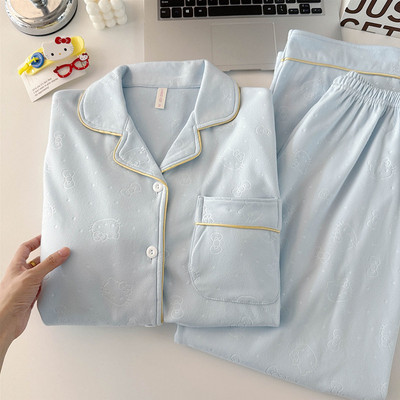 德绒睡衣女秋冬新款带胸垫保暖开衫长袖套装浅蓝色甜美可爱家居服