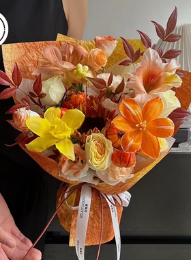 橙色系水墨石纹纸手工肌理纸鲜花花束包装纸花艺花店包花纸花店用