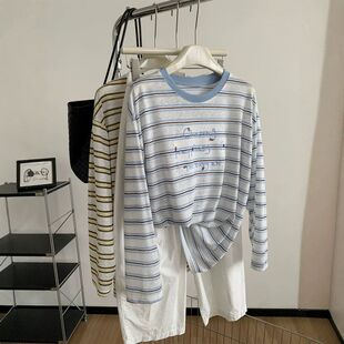 韩版ins风冰蓝防晒条纹衫女垂感慵懒风钉珠刺绣长袖T恤宽松空调衫