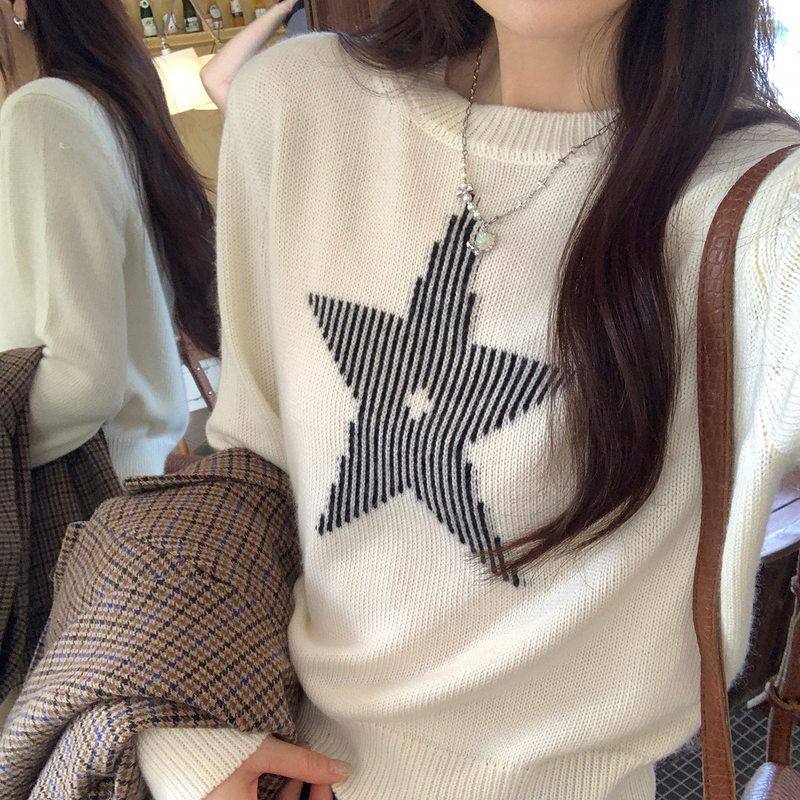 慵懒五角星印花圆领套头毛衣女秋季新款宽松长袖时髦针织衫上衣