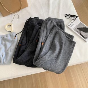 气质韩版拼接阔腿毛呢裤女垂感加绒皮标抽绳气球裤冬季保暖九分裤
