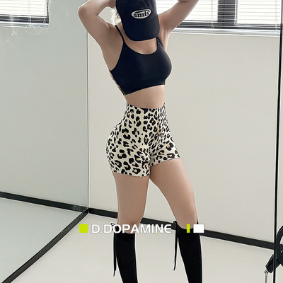 无缝针织性感豹纹提臀瑜伽短裤健身跑步紧身高腰运动三分裤
