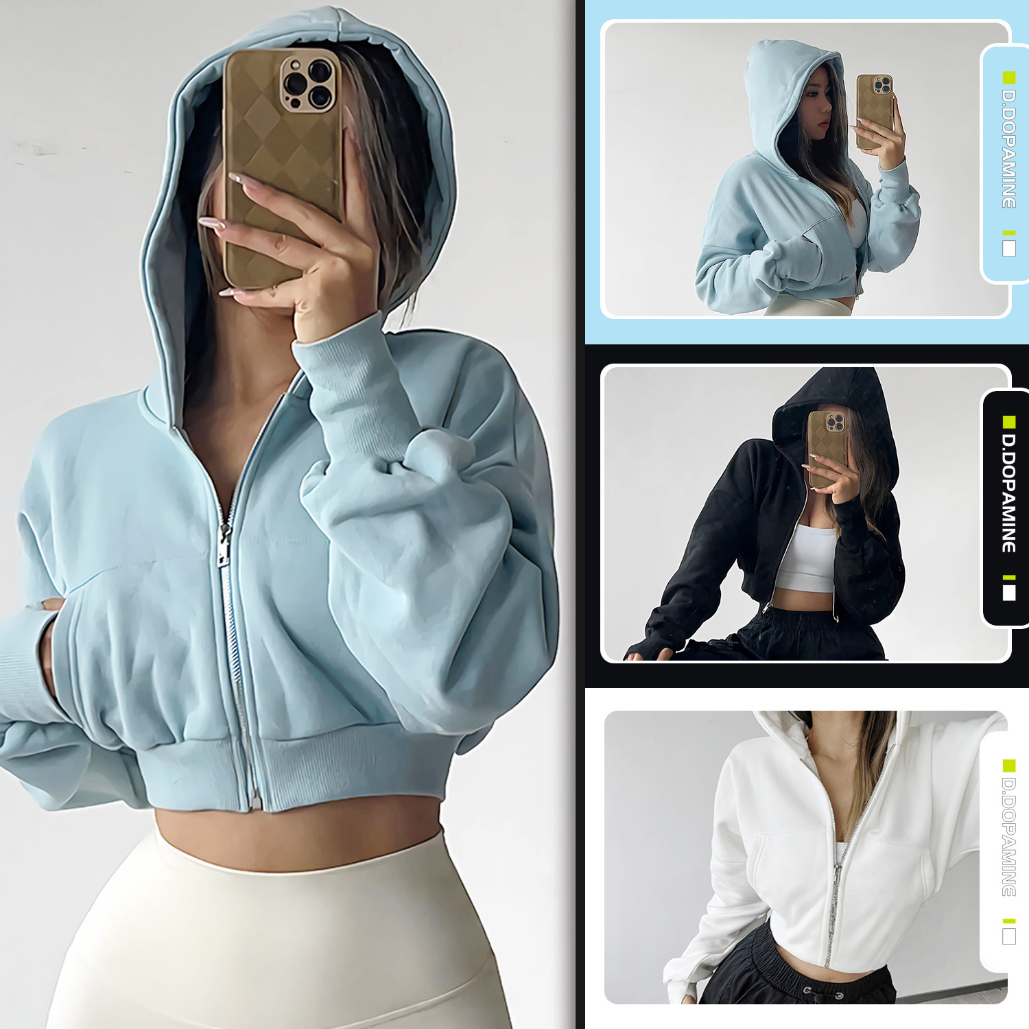 欧美健身外套高腰休闲带帽短款长袖秋冬户外跑步运动拉链开衫女