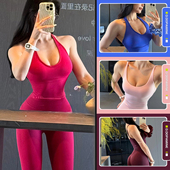提臀高腰弹力针织蜜桃臀运动健身套装 健身背心带胸垫 瑜伽套装
