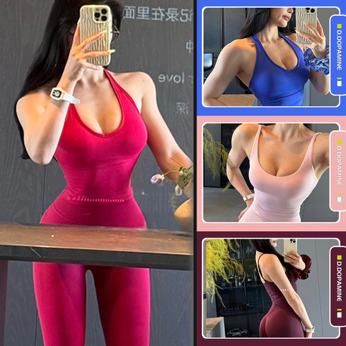 提臀高腰弹力针织蜜桃臀运动健身套装瑜伽套装健身背心带胸垫