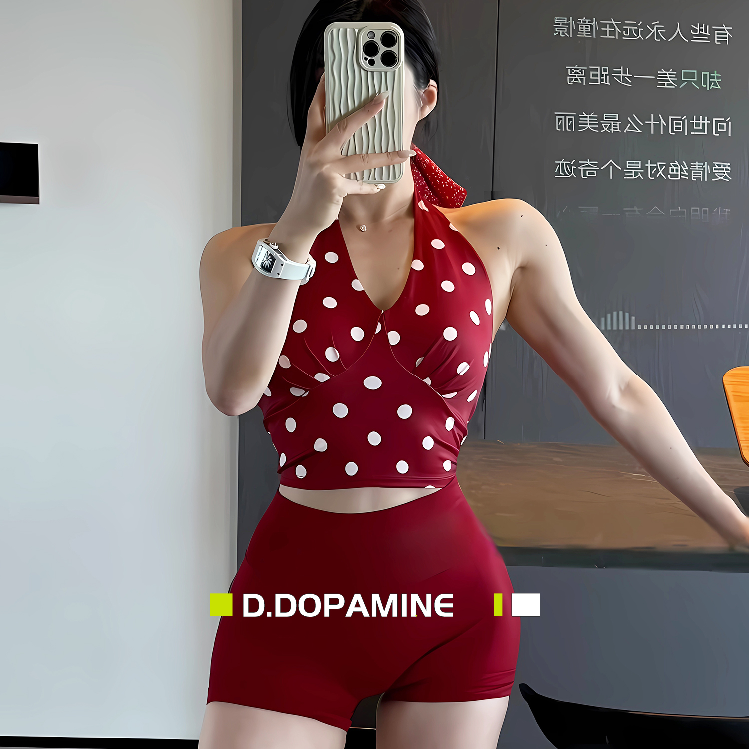 港式复古波点挂脖运动背心气质显瘦瑜伽服健身背心带胸垫