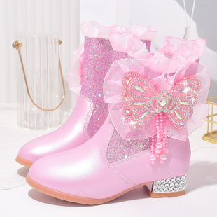 女童靴子秋冬季高跟鞋加绒新款儿童短靴粉蓝色水晶靴保暖棉靴