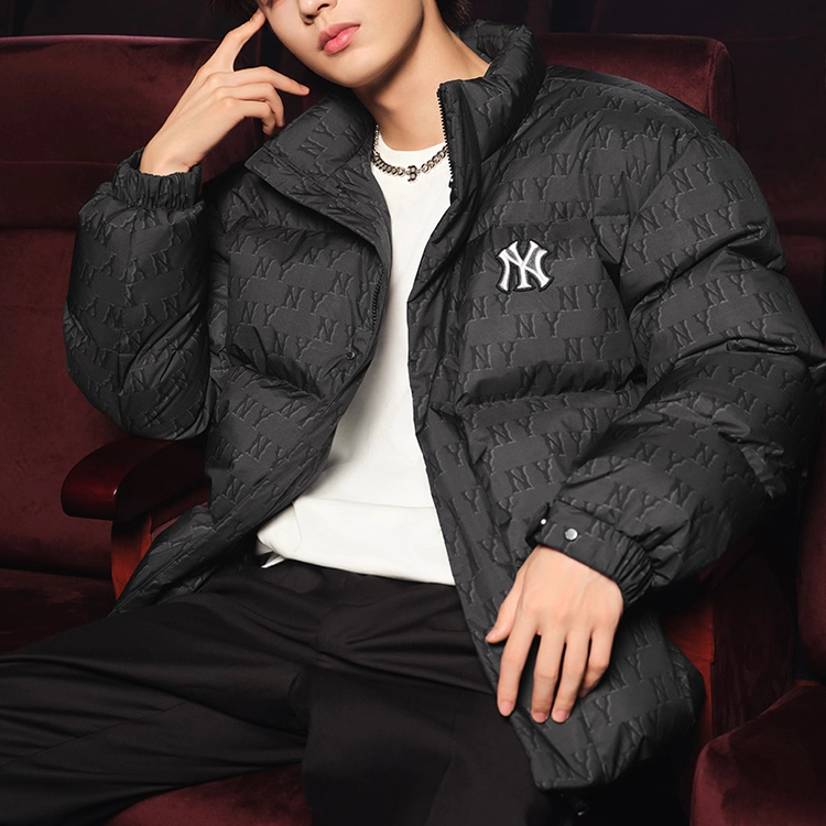 NY新款羽绒服男女复古老花满标运动休闲立领保暖上衣洋基队外套