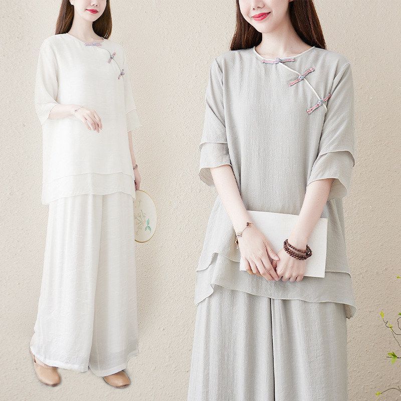 棉麻茶服禅意打坐唐装禅修服女装复古两件套禅服居士服中国风白色