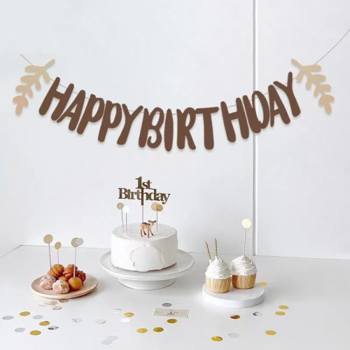 ins森系叶子拉旗生日快乐字母横幅生日背景布置装饰背景墙拉花