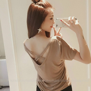 新款韩版气质短袖双v领t恤女夏装露背交叉性感莫代尔宽松打底衫