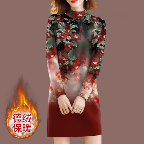德绒保暖~中长款连衣裙女印花时尚宽松显瘦秋冬洋气半高领打底衫