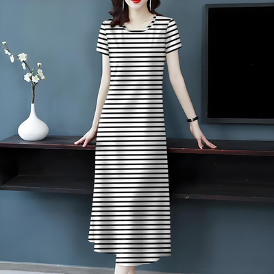 好品捡漏~新款女装夏季圆领短袖长裙条纹宽松遮肚减龄长款连衣裙