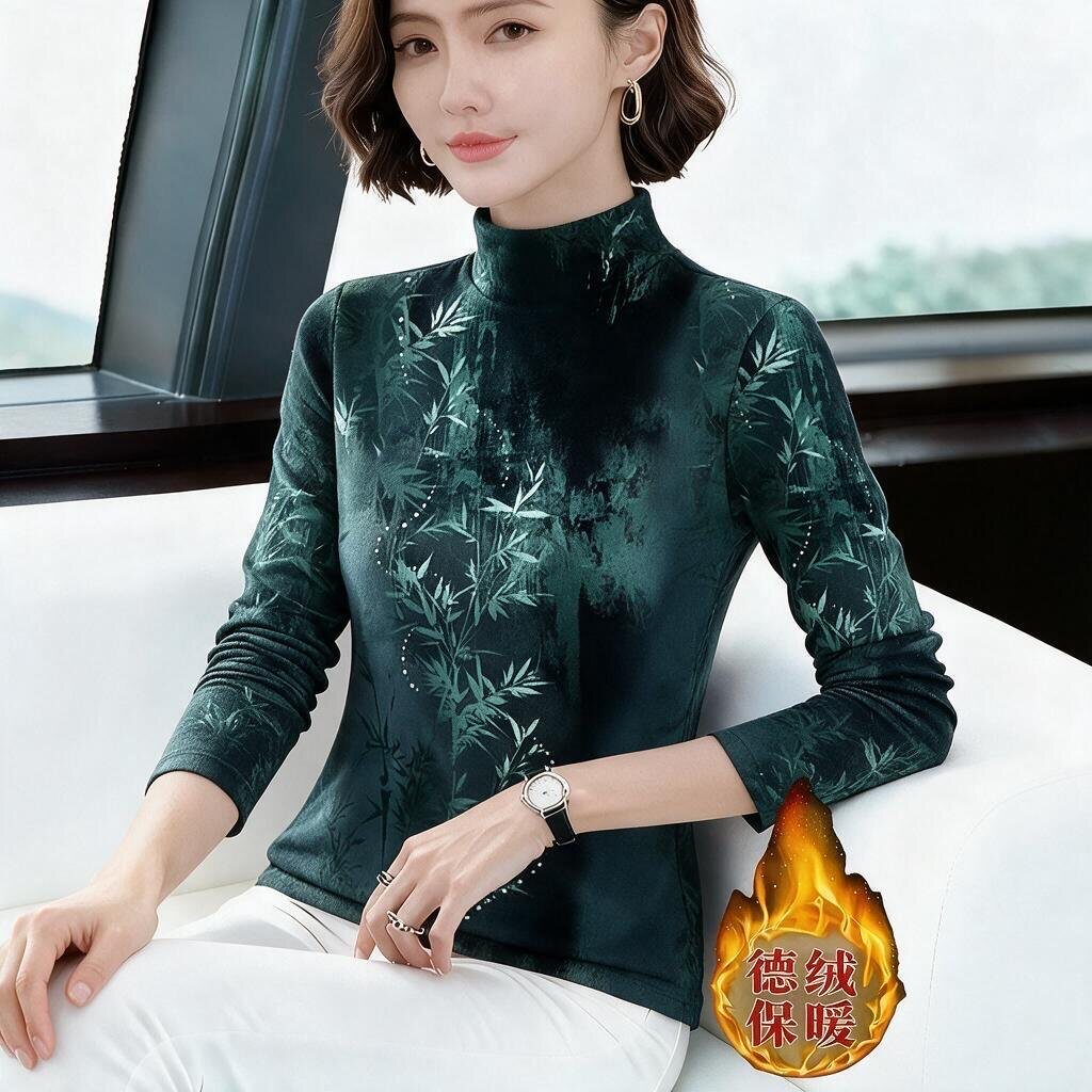 上新~德绒半高领秋季薄绒款打底衫女长袖时尚印花百搭保暖上衣