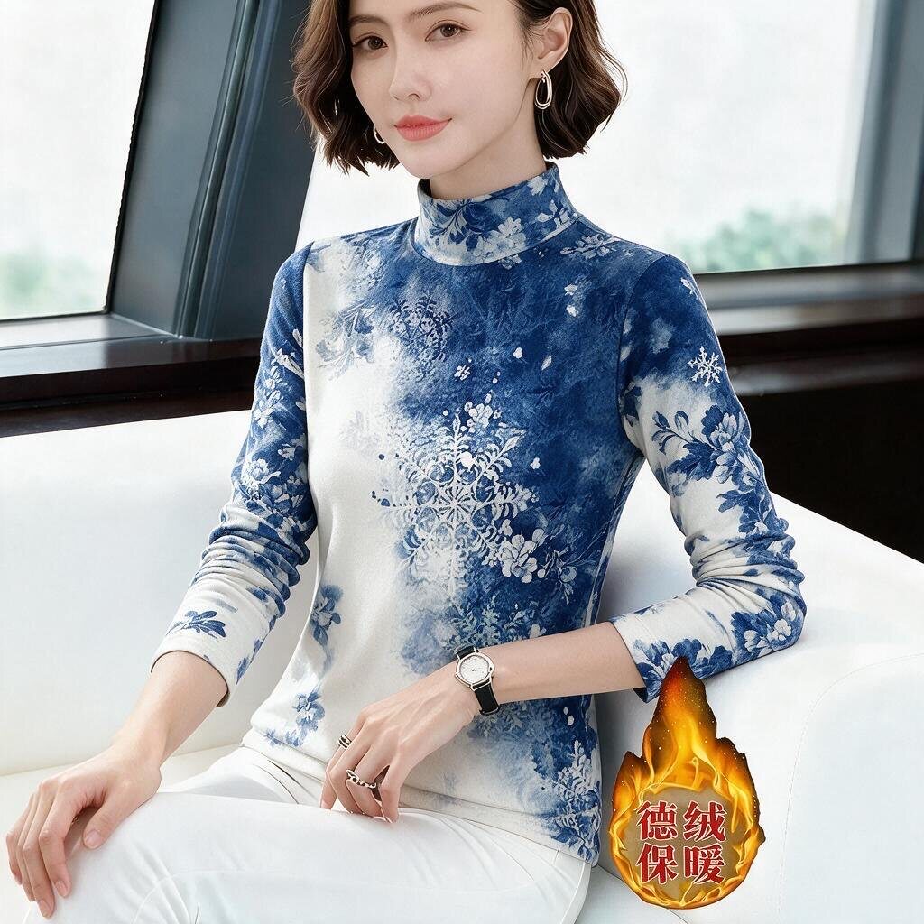 上新~德绒半高领秋季薄绒款打底衫女长袖时尚印花百搭保暖上衣