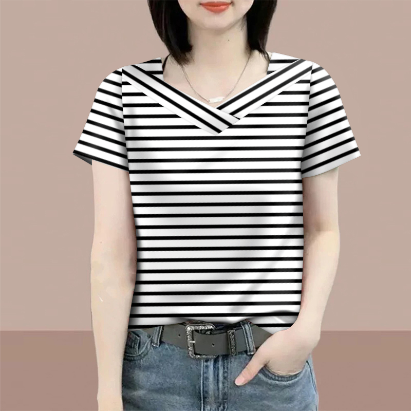 好品捡漏~条纹短袖t恤夏季2025新款宽松体恤休闲正肩v领上衣女
