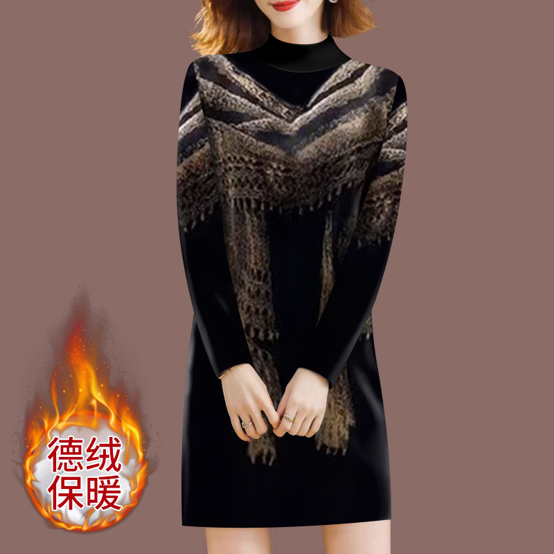 妈妈装秋冬季半高领德绒保暖长袖连衣裙配大衣宽松百搭时尚打底裙