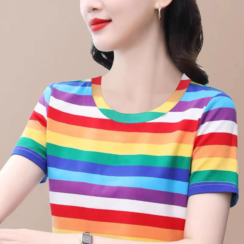 短袖t恤女2026年新款夏季韩版宽松圆领女士百搭条纹时尚半袖上衣