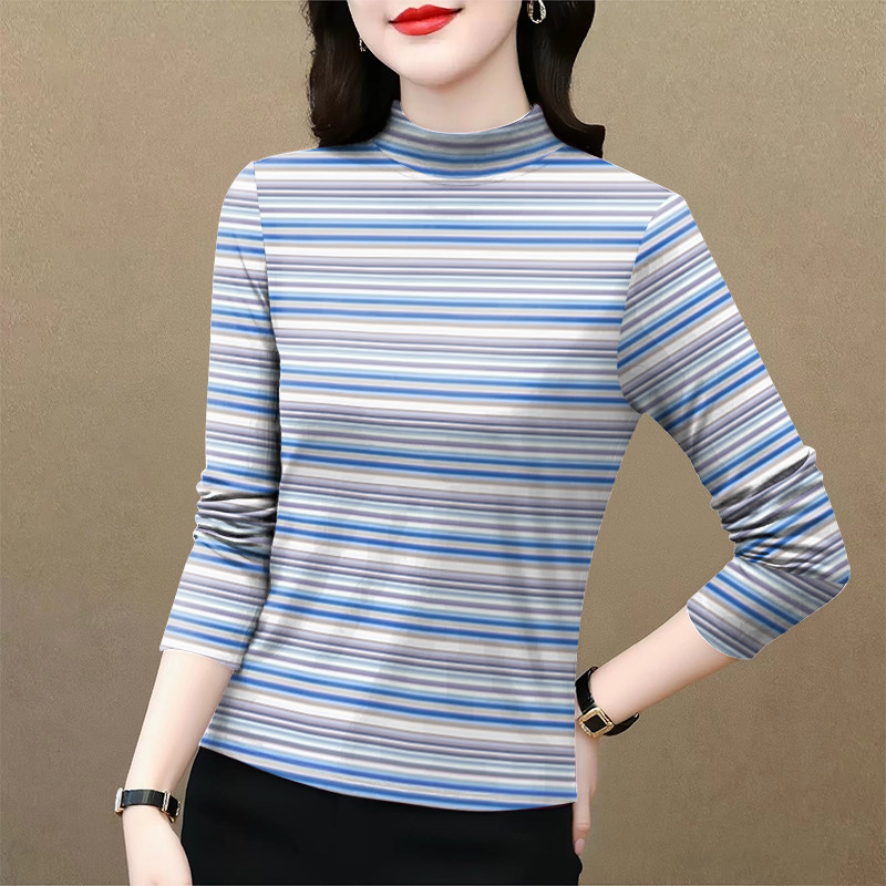 上新~女装新款春秋薄款半高领打底条纹长袖宽松显瘦长袖T恤女上衣