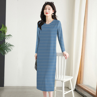 上新~复古条纹长袖连衣裙女春秋新款休闲慵懒风长款宽松显瘦长裙
