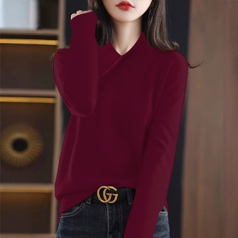 德绒保暖~撞色长袖打底衫女秋冬款交叉领t恤宽松外穿上衣内搭纯色