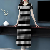 长裙条纹宽松遮肚减龄长款 好品捡漏 连衣裙 夏季 圆领短袖 新款 女装