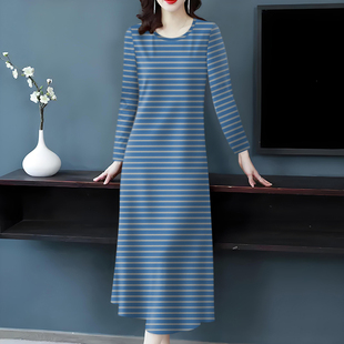 休闲慵懒风长款 新款 宽松显瘦长裙子 连衣裙女秋季 复古气质条纹长袖