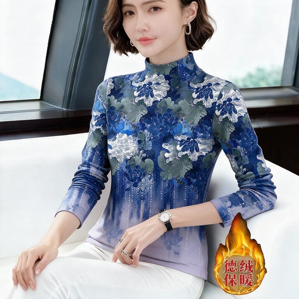 上新~德绒半高领秋季薄绒款打底衫女长袖时尚印花百搭保暖上衣