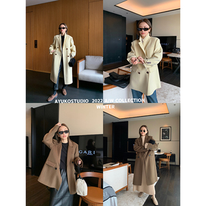 Ayuko 100绵羊毛双版本毛呢大衣2022冬季新款双排扣中长款呢大衣