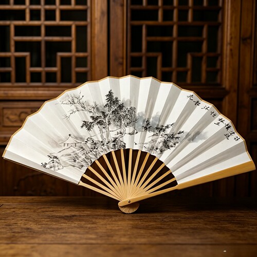 手绘孤品10寸玉竹扇子中国风手绘宣纸礼品扇古风国画山水扇定制