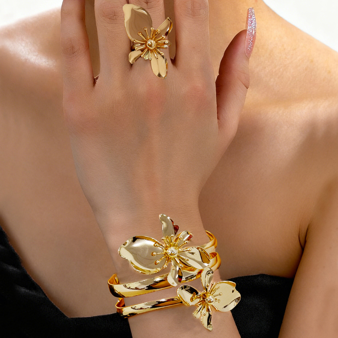 欧美百搭度假风复古双层立体花朵戒指手镯套装夸张高级感饰品女,饰品/流行首饰/时尚饰品新,组合套装,淘宝优惠券,粉丝福利购,淘宝优惠卷