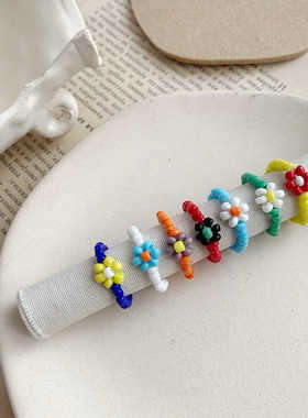 夏季小清新小花弹力编织女士指环趣味串珠花朵手工米珠戒指可爱多