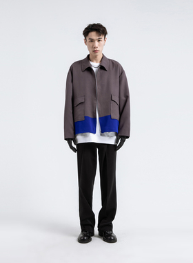 Celia Lab秋季灰蓝色拼接流行短款个性翻领夹克宽松休闲男VIBE风