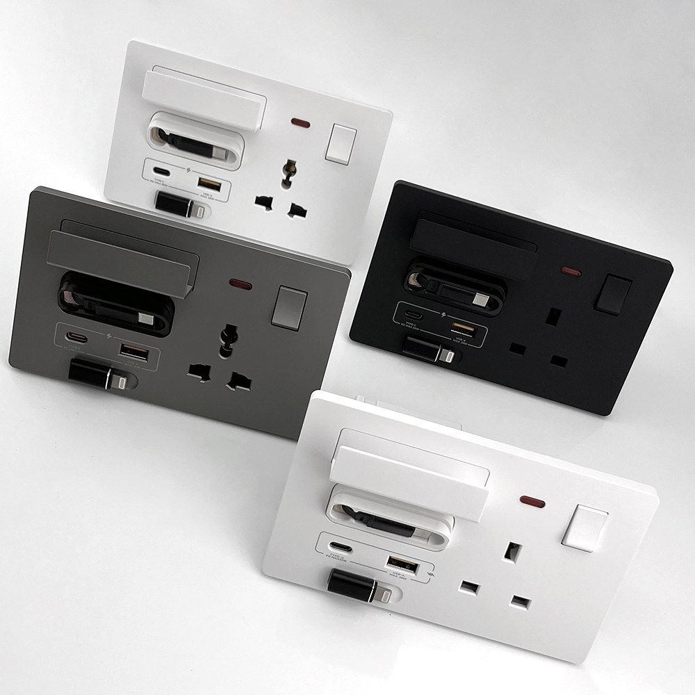 146型酒店专用插座內置伸缩线20W快充USB Type-C暗装PC墙壁面板