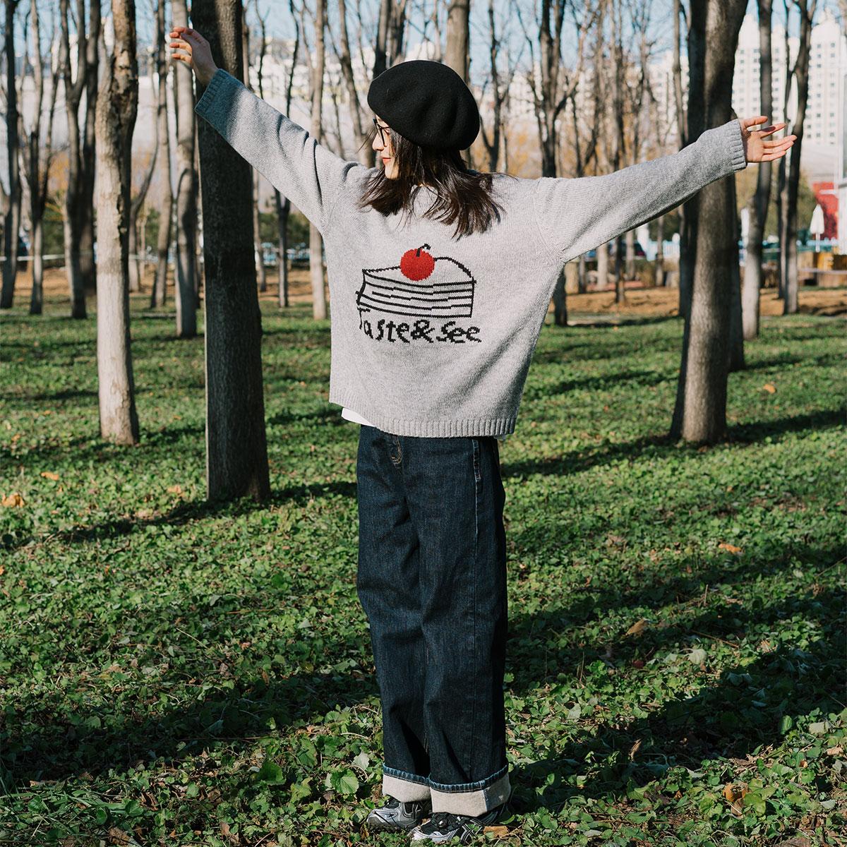 VM香草山 大蛋糕 原创设计套头2024灰色毛衣含羊毛学院风百搭针织