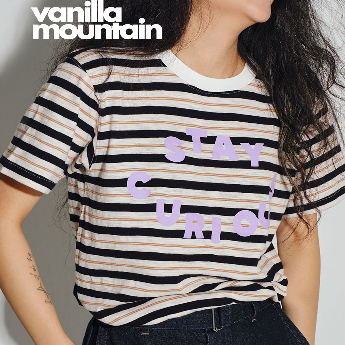 VM香草山 条条系列 条纹T恤原创文字圆领短袖女复古软印花夏宽松