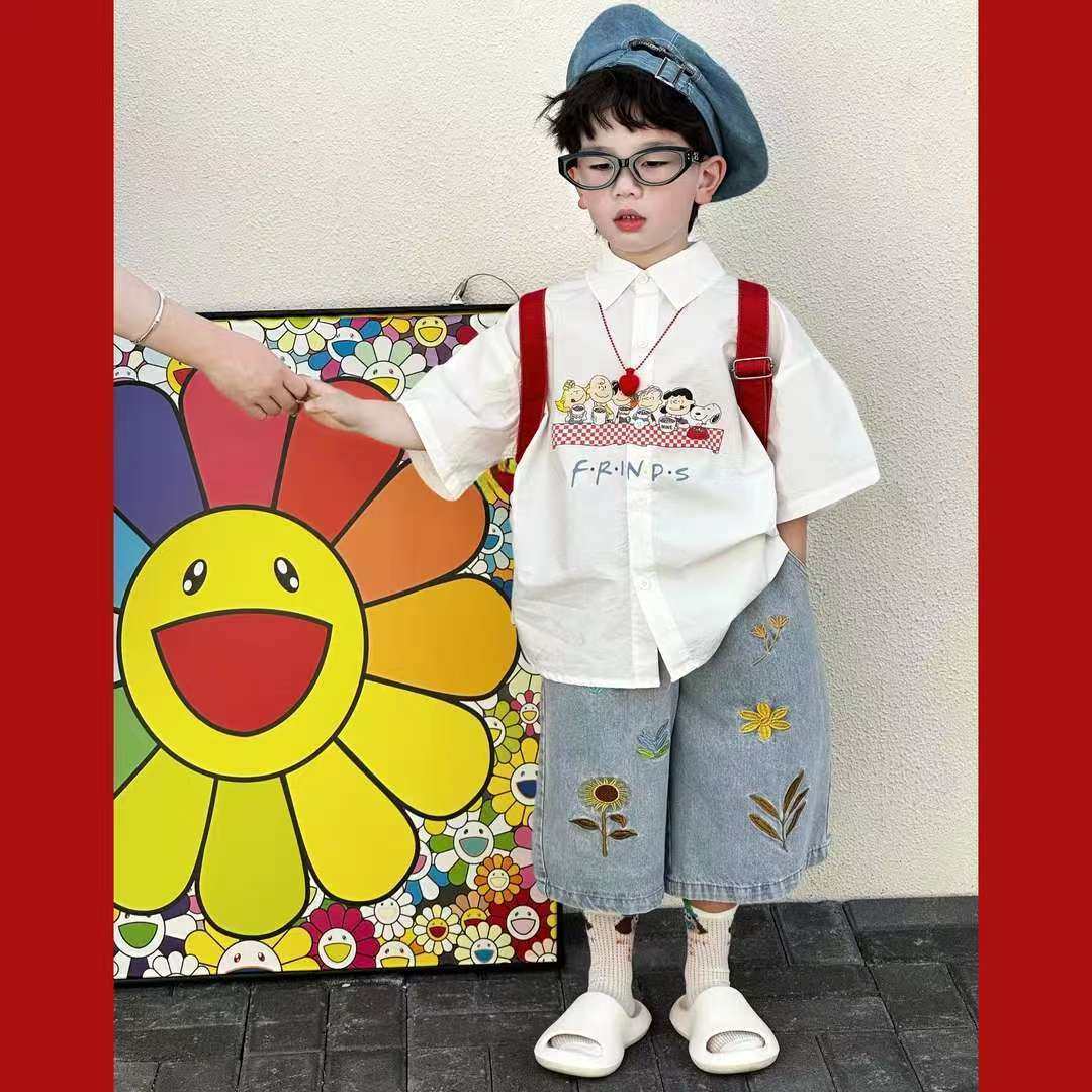 男童夏季新款韩版套装儿童卡通可爱时尚衬衫短袖洋气牛仔绣花短裤