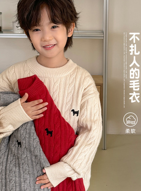 新年红色男童毛衣冬季加厚2026新款中大儿童冬装青少年针织衫毛衣
