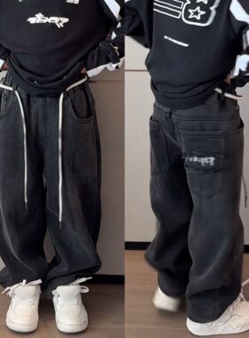 2026冬加绒宽松韩系洋气百搭黑灰色简潮风格牛仔裤长裤脚口无抽绳