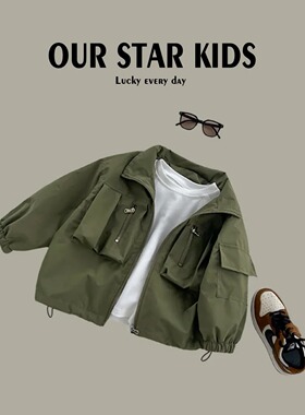 2026男童外套新款秋装儿童工装夹克军绿色显白百搭拼接高档韩版潮