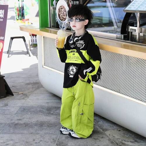 男童春季拼接撞色满印长袖卫衣套装2026新款洋气儿童上衣长裤潮装