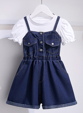 儿童背带裤套装2026夏季新款时尚女孩白色抱婴袋短袖牛仔短裤两件